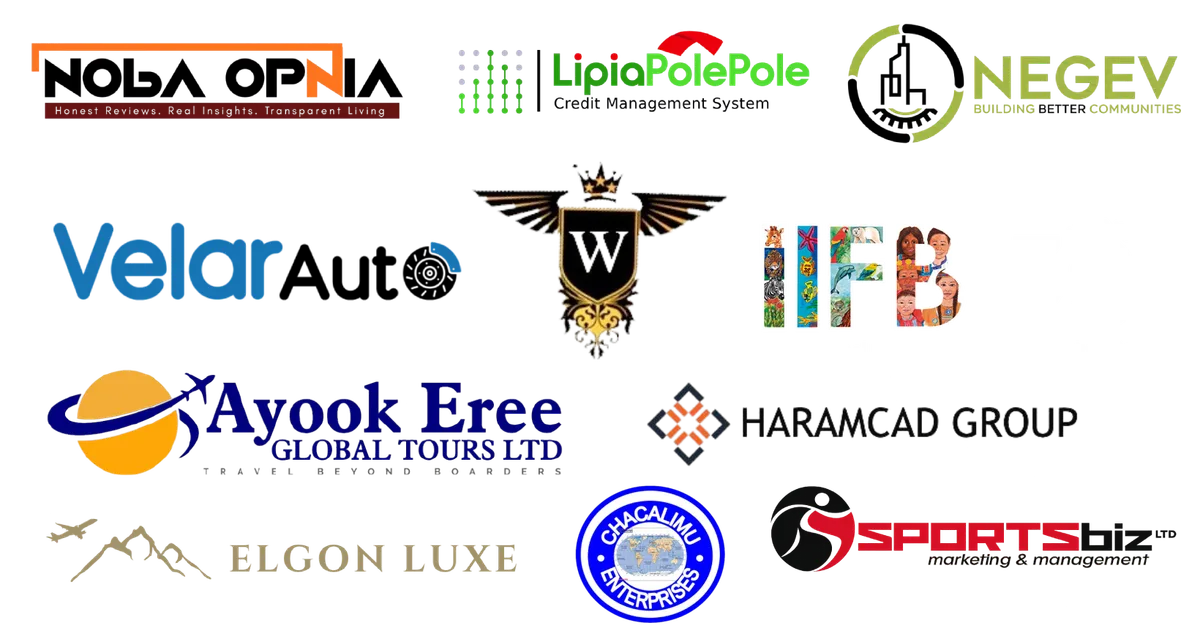 Our trusted partners including Noba Opnia, LipiaPolePole, VelarAuto, Negev, IFB, Chacalimu Enterprises, Ayook Eree Global Tours, SportsBiz, Elgon Luxe, Weinberg, and Haramcad Group