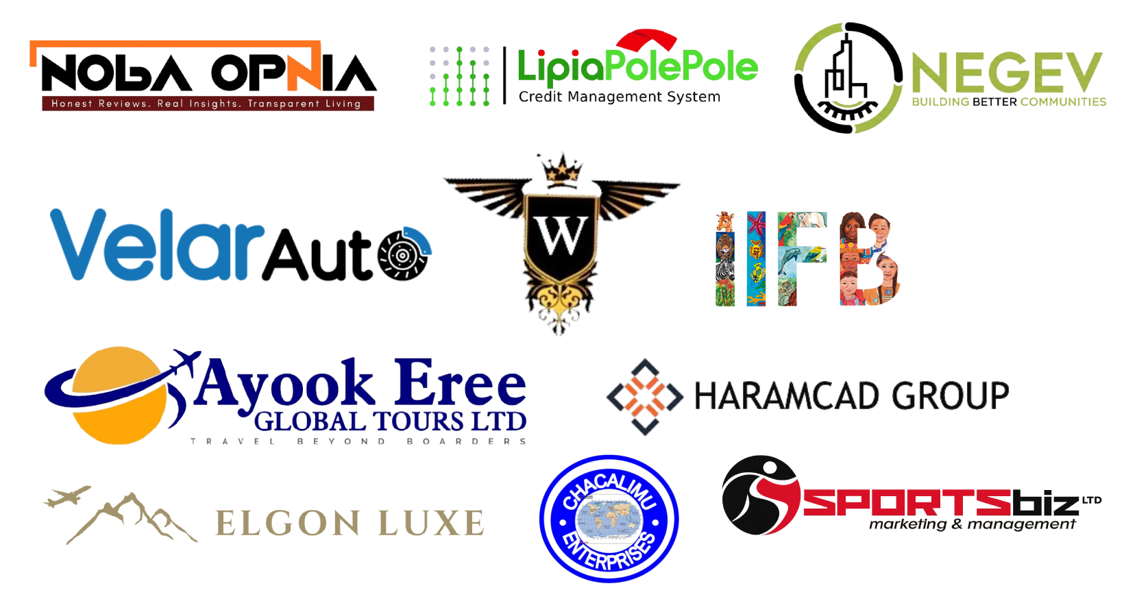 Our trusted partners including Noba Opnia, LipiaPolePole, VelarAuto, Negev, IFB, Chacalimu Enterprises, Ayook Eree Global Tours, SportsBiz, Elgon Luxe, Weinberg, and Haramcad Group